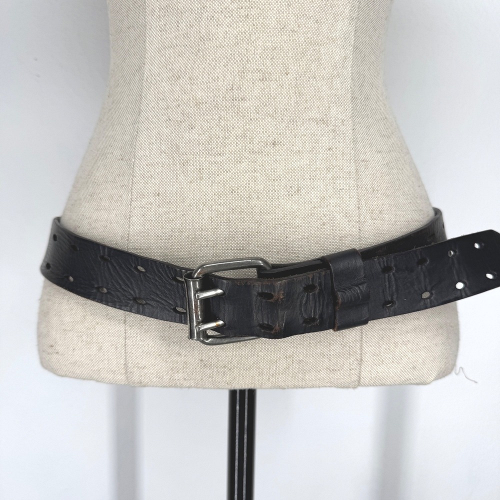 Womens Black Genuine Leather Double Prong Perforated Wide Belt 40 Square Buckle